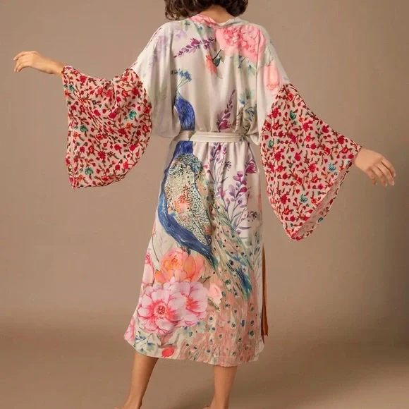 Kimono cardigan floral boho blouse swimsuit cover up belt tie peacock white - Picture 2 of 4